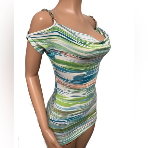 Sexy Blue Stripe Style banded Draped bust Green chain stones top Cold Shoulders - Picture 2 of 5